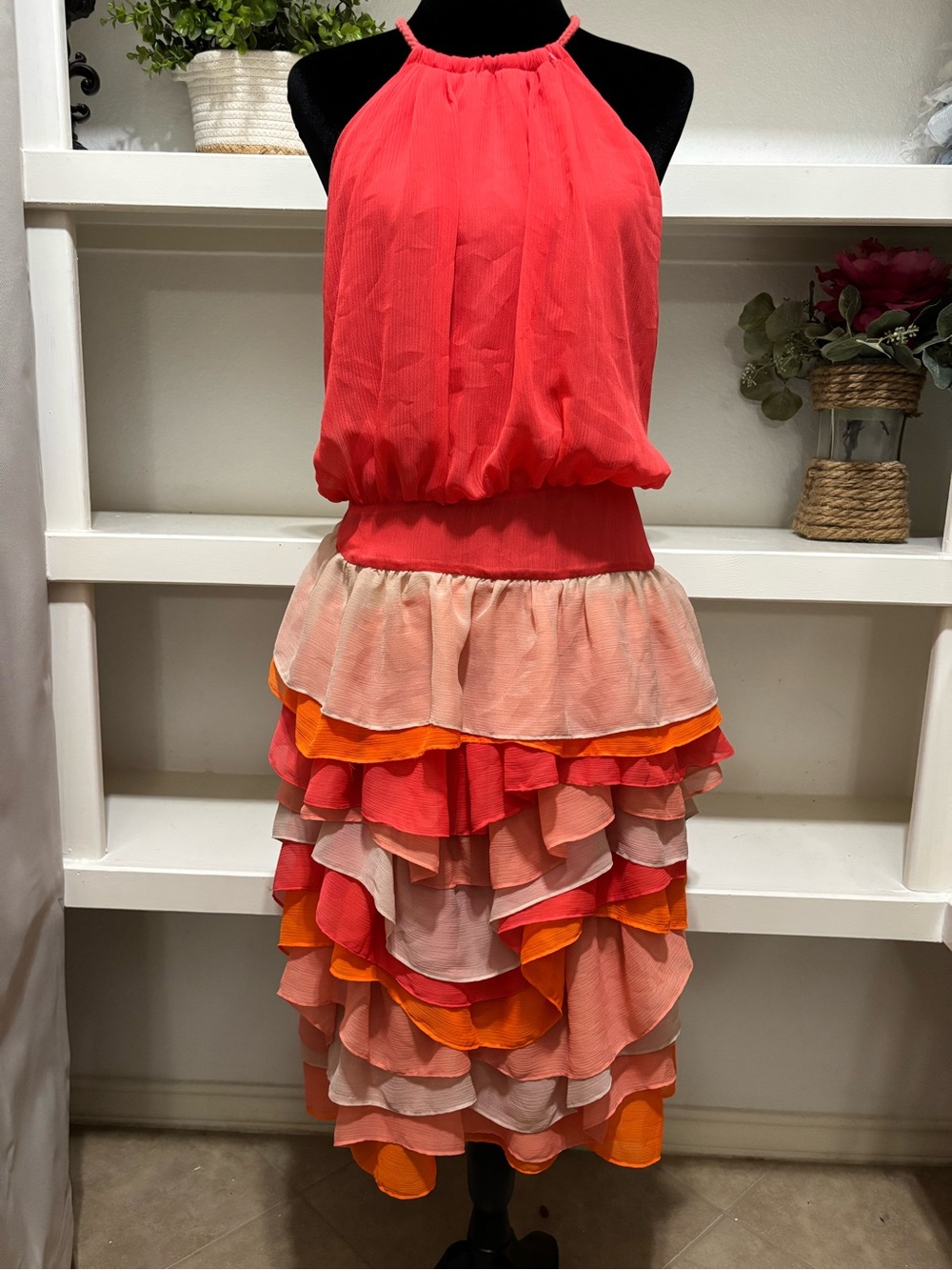 Chris Benz Colorblock Ruffled Halter Dress in Coral & Peach Size 12